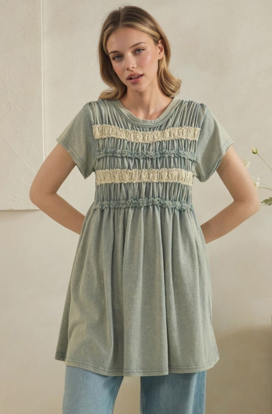 Oli & Hali Sage Mineral Wash Smocked Lace Tunic Top L - Romantic Boho